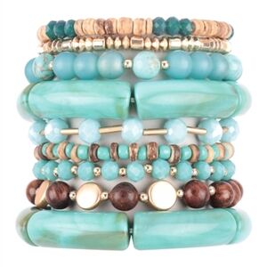 MIX BEADS, TUBULAR, WOOD, RONDELLE, CHARM VERSATILE STRETCH BRACELET-TURQUOISE